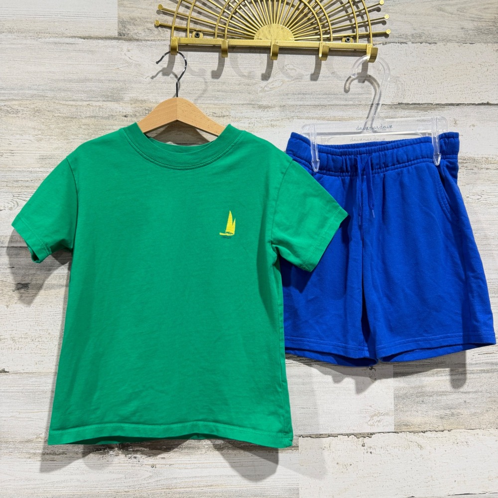 J. Bailey Cat & Jack Shirt Shorts Set Boys Size 6 Green Blue Sailboat *Flawed